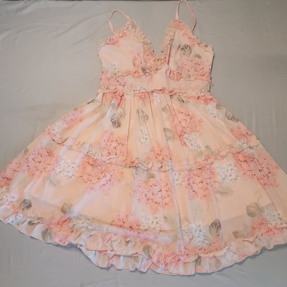Chicme Mini Dress Womens Medium Peach Pink Floral Ruffle Tiered Summer LZS1336